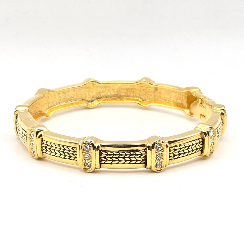 Gold Tone Statement Hinged Bangle Bracelet Crystal Accents Textured Design